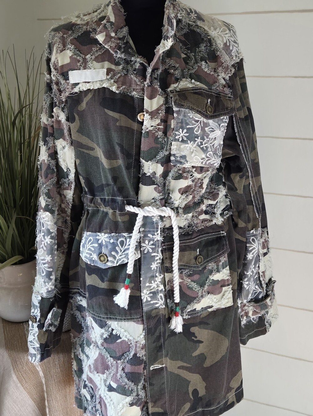 POL S Camo Lace Utility Shacket Cottagecore Outerware Western Patchwork Jacket